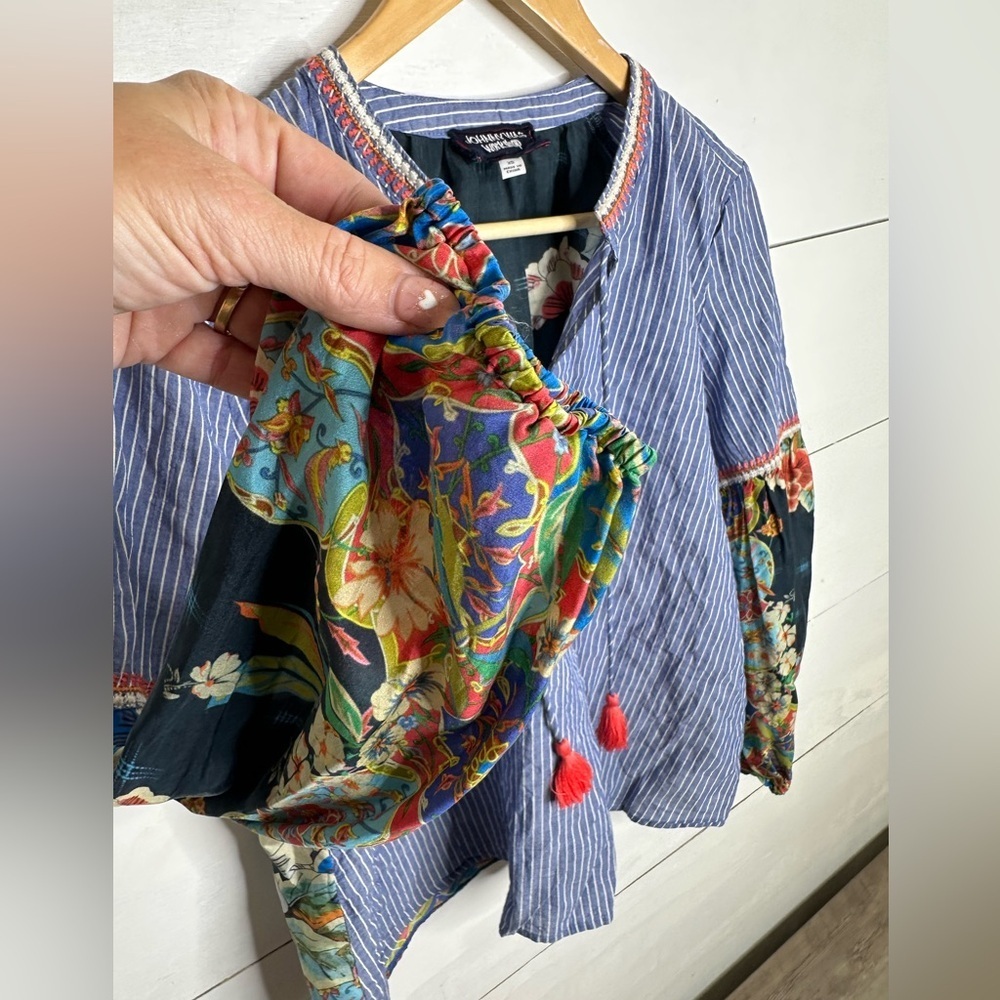 **SOLD**Johnny Was Workshop Boho Peasant Blouse XS Striped Floral Silk Contrast - Picture 2 of 8